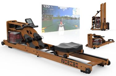 Водний гребний тренажер Neezee для домашнього використання, складний гребний тренажер з масиву дерева з Bluetooth-дисплеєм та тримачем для планшета, максимальна вантажопідйомність 200 кг, сумісний із застосунком Kinomap Braun (з Bluetooth)