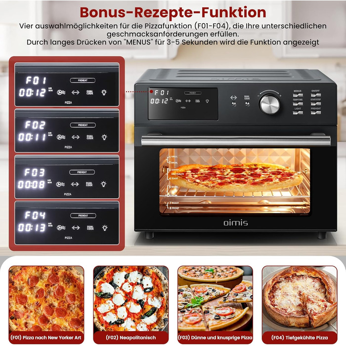 Аерофритюрниця OIMIS 30 л з 21 програмою, сіра конвекційна піч xxl з безмасляною багатофункціональною конвекційною піччю Air Fryer, подвійне приготування, 6 аксесуарів, рецепти, 30C-230C, 1800 Вт, без обертового кошика