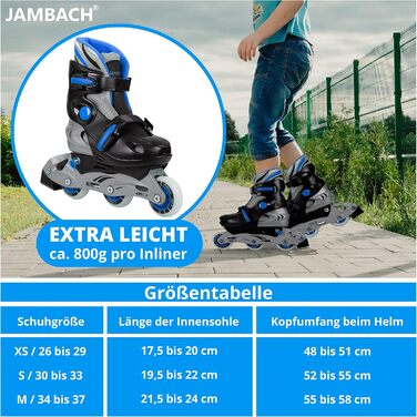 Дитячі роликові ковзани JAMBACH з комплектом захисту, регульованим до роликових ковзанів зі світлодіодами XS (26-29) сині