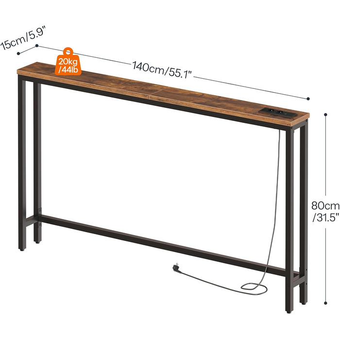 Вузький консольний столик HOOBRO, бічний столик довжиною 140 см, диванний столик із зарядною станцією, передпокійний столик, за диваном, у вітальні, у коридорі, металевий каркас, вінтажний коричнево-чорний EBF145CXG01 Вінтажний коричневий чорний