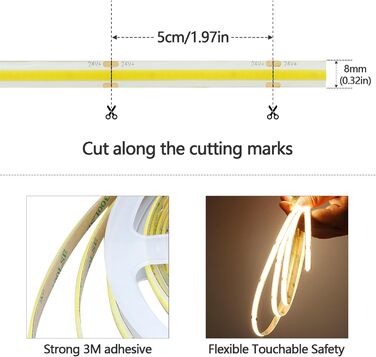 Світлодіодна стрічка GOMING 24V COB 3000K 5M водонепроникна світлодіодна стрічка IP65 480 світлодіодів / м Без світлових плям CRI 93 Світлодіодна стрічка високої яскравості 4300 лм для прикраси домашньої кухні (тільки стрічка) (натуральний білий, 5 метрів