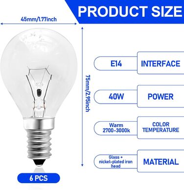 Лампа для духовки 40W E14 лампочка для духовки Лампа для духовки Кулінарна лампочка G45 230V до 3000 K для плит, духовок, холодильників, мікрохвильових печей, компактних кухонь, 6 шт.