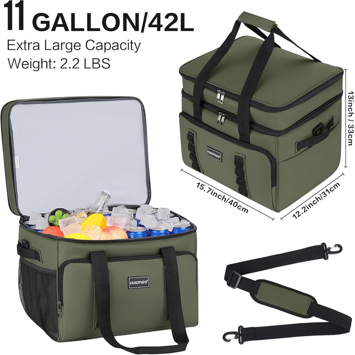 Ізольована сумка-холодильник, водонепроникна, подвійна термосумка для пікніків, кемпінгу, подорожей, покупок продуктів та риболовлі, 42 л зеленого кольору