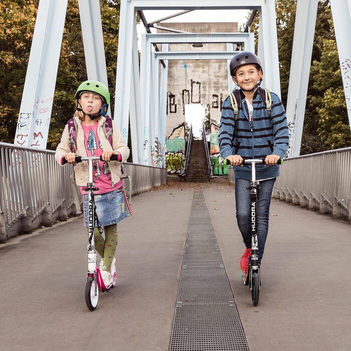 Самокат HUDORA BigWheel 205 стабільний алюмінієвий міський самокат, складаний, з регулюванням висоти та підніжкою, для дітей та дорослих (до 100 кг), білий/рожевий