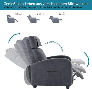 Крісло-реклайнер, крісло під телевізор з функцією відкидання, функція масажу, функція підігріву, масажне крісло з пультом дистанційного керування, тканинний шезлонг, сірий реклайнер з поліестерової суміші