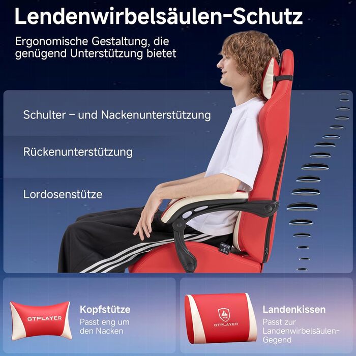 Ігрове крісло GTPLAYER, ергономічне ігрове крісло зі штучної шкіри з поперековою підтримкою, крісло для ПК з розширеною спинкою, вантажопідйомність до 150 кг, червоне, збільшене з штучної шкіри
