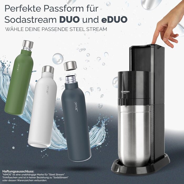 Сумісний з Sodastream DUO, E-DUO Пляшка з нержавіючої сталі об'ємом 1 л з порошковим покриттям Металева пляшка, яку можна мити в посудомийній машині для подорожей 100 герметичне деревне вугілля