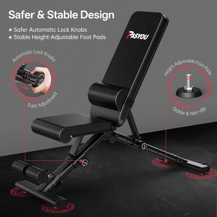 Регульована лава для штанги PASYOU з багатофункціональною тренувальною лавкою на 90 градусів, похила лава, швидко складана лава для жиму лежачи для домашнього використання, вантажопідйомність 400 кг, стійка для штанги