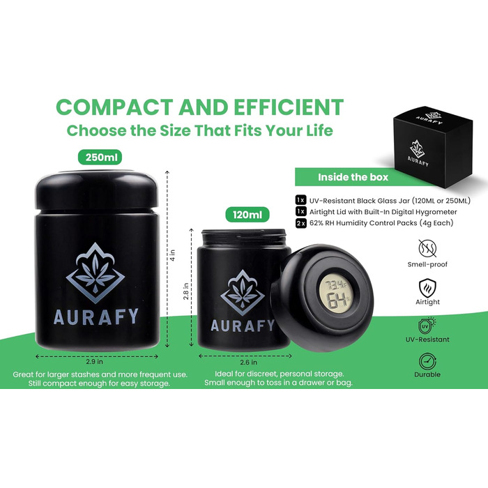 Банка-сховище з кришкою-гігрометром скло, що витримує ультрафіолетове випромінювання, герметичне та стійке до запахів, для зберігання трав і спецій У комплекті 2 пакети з двостороннім контролем вологості 62 відносної вологості (250 мл)