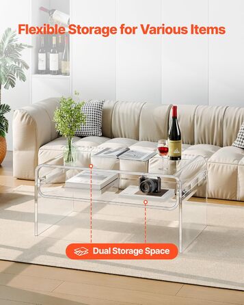 Журнальний столик VEVOR, приставний столик, 2-ярусний диван-столик з полицею для зберігання, сучасний прямокутний акриловий журнальний столик, ідеально підходить для їдальні, кухонного острова, ресторану, офісу, 50 x 80 x 38 см (прозорий)