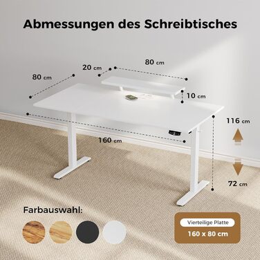 Електрично регульований по висоті стіл 160 x 80 см зі світлодіодною стрічкою, USB-портом та регульованою підставкою для монітора, стіл для роботи стоячи з 4-секційною стільницею, комп&39ютерний стіл, білий 160 x 80 см зі світлодіодним підсвічуванням