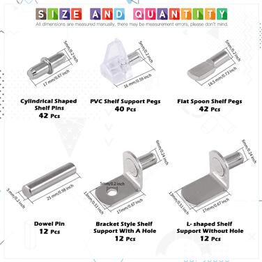 Кільцева підставка для полиць Glarks у 6 стилях, нікелеві опори для полиць, ПВХ-кільцева підставка для полиць, плоскі кілочки-ложки, циліндричні тримачі для кілочків, L-подібні кронштейни та штифти для шаф, 160 шт. різних розмірів