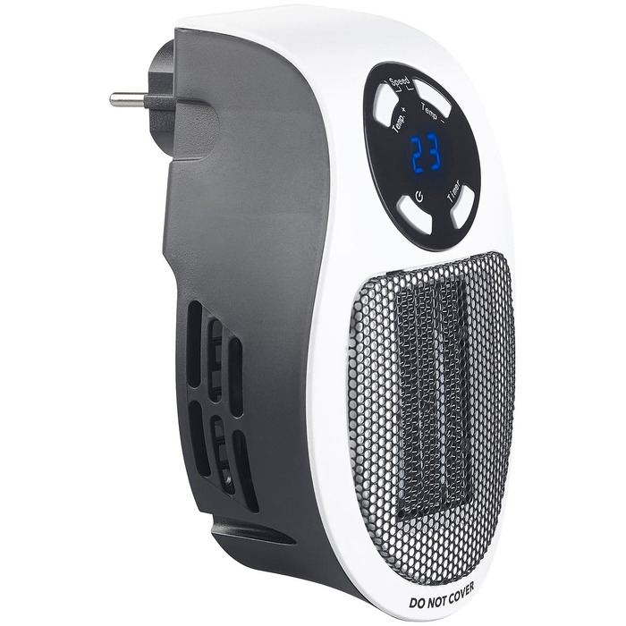 Підключається до розетки побутової техніки Sichler Керамічний вентилятор-обігрівач з термостатом, таймером, дисплеєм, 500 Вт (Маленький обігрівач для розетки, підключається до розетки, для людей похилого віку)