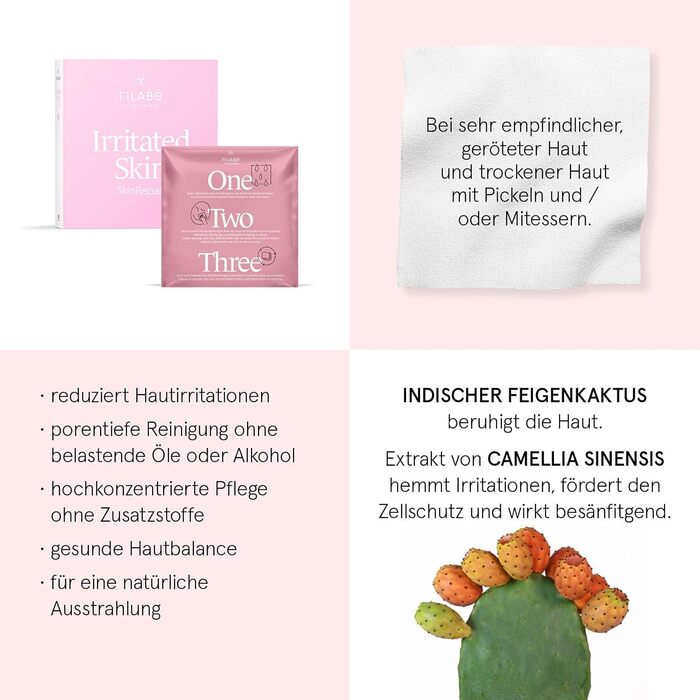 Подразнена шкіра - для догляду за чутливою шкірою з почервоніннями та сухими, подразненими ділянками. Упаковка на 28 днів. Веганський, без добавок - швейцарський, виготовлений компанією Filab зі Швейцарії