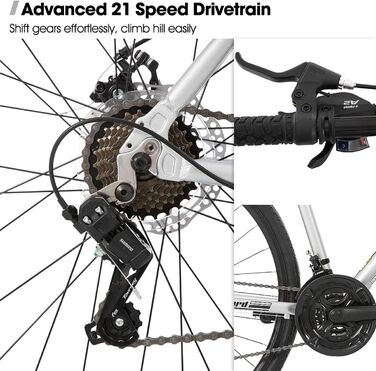 Шосейний велосипед Hiland 28 дюймів, 21 передача, міський велосипед для чоловіків з дисковими гальмами, рама 530 мм, зручний шосейний велосипед, колеса 700C, чорний/червоний/срібний, розмір L