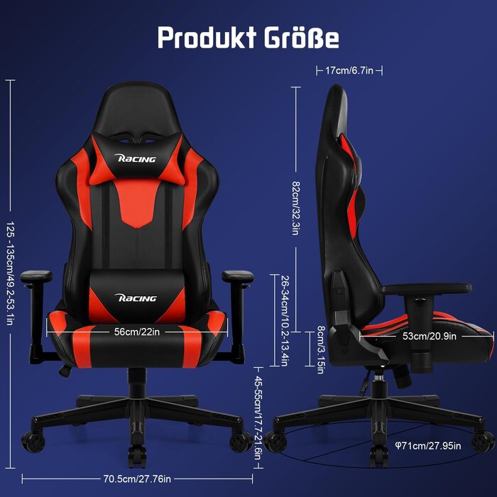 Геймерське крісло, ергономічне офісне крісло з регульованою поперековою опорою, підголівником та підлокітниками, м&39яке ігрове крісло, функція гойдання, вантажопідйомність 150 кг, червоне