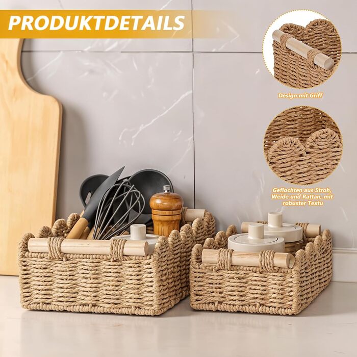 Набір із 2 плетених кошиків для зберігання, кошики для зберігання в стилі макраме бохо з ручками, декоративний органайзер для стільниці ручної роботи з тканого матеріалу для спальні, вітальні, ванної кімнати (світло-коричневий)