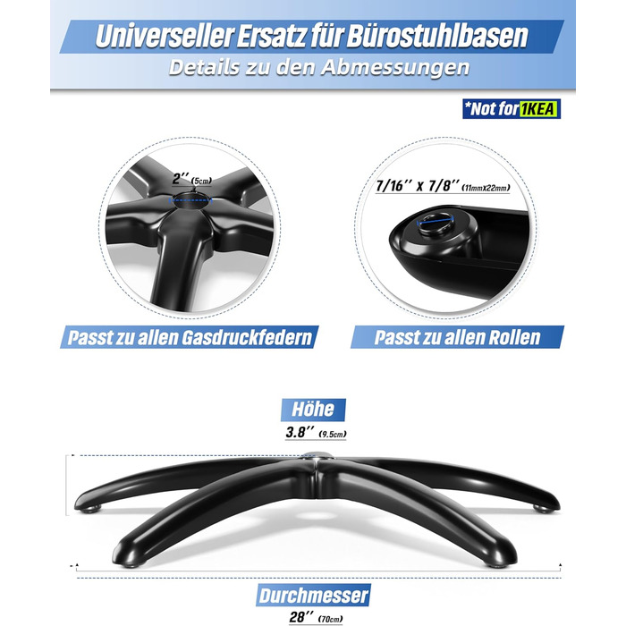 Основа офісного крісла Sytopia, 70 см, міцна металева поворотна основа, вантажопідйомність до 200 кг, універсальна для роликів 11 мм x 22 мм та газової пружини 50 мм, міцна, матово-чорна