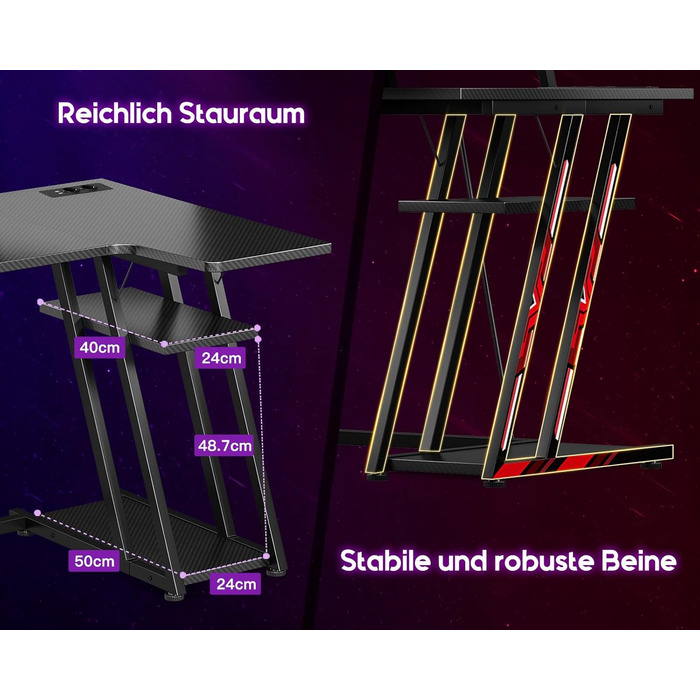 Ігровий стіл ODK зі світлодіодним освітленням та розетками, L-подібний ігровий стіл 100 см з місцем для зберігання, кутовий стіл з підставкою для монітора, комп&39ютерний стіл з вуглецевого волокна, чорний