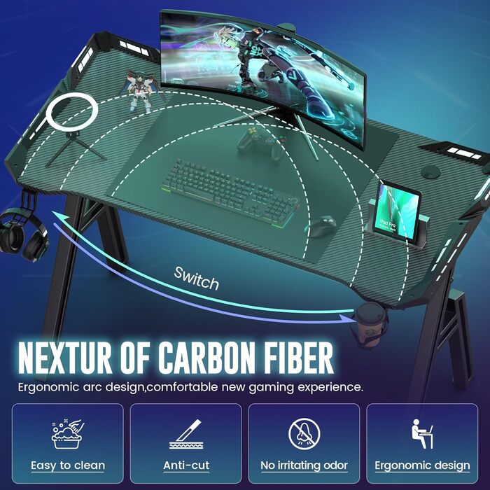 Ігровий стіл зі світлодіодним освітленням, 160x60 см, ігровий стіл з А-подібною рамою, стабільний ігровий стіл для ПК з крутим вуглецевим покриттям, ергономічний дизайн з гачком для навушників та підсклянником, легко збирається, 160 x 60 см зі світлодіодн
