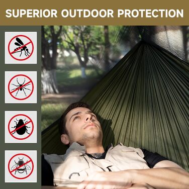 Гамак для кемпінгу з москітною сіткою та коньковим шнуром, надзвичайно великий для 2 осіб 290 x 140 см, універсальний швидкознімний надлегкий гамак для використання на свіжому повітрі, походів, подорожей та походів, колір 01-армійський зелений