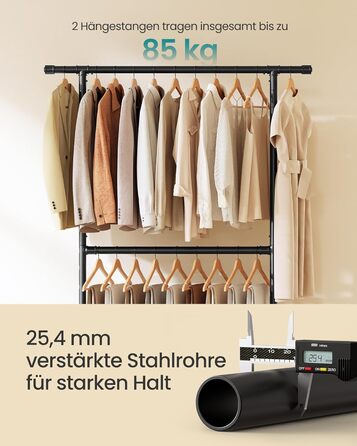 Вішалка для одягу в індустріальному стилі, вантажопідйомність до 110 кг, шафа-стійка на колесах, 2 шт. анги для одягу, виготовлена з металу, міцна, для демонстрації в магазині, чорна HSR62BK