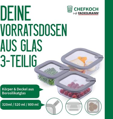 Набір контейнерів для зберігання FACKELMANN Chefkoch із 3 предметів із боросилікатного скла з вентиляційним клапаном 400 мл / 600 мл / 950 мл, герметичний та водонепроникний, підходить для використання в мікрохвильовій печі та духовці