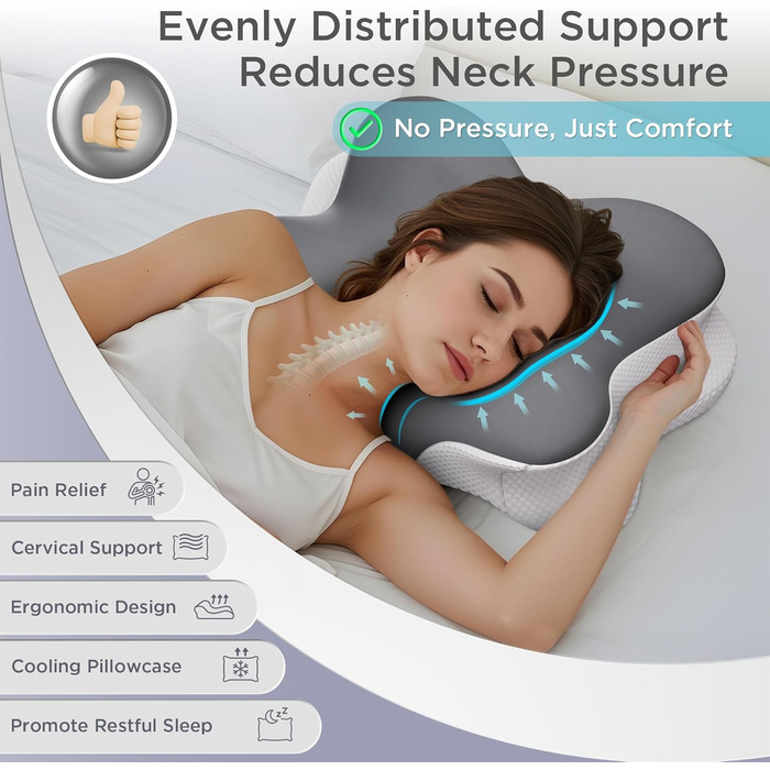 Ортопедична подушка, преміальна подушка для шиї, подушка для сну на боці, подушка для голови, подушка для підтримки шиї, подушка з піни з ефектом пам&39яті, подушка для сну на боці, спині та животі (сіра)