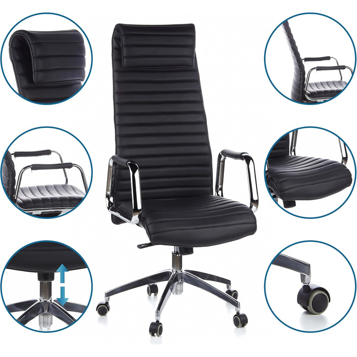 Крісло керівника ASPERA 20 Шкіряне офісне крісло Nappa чорного/хромованого кольору з високою спинкою/підголівником чорного кольору, 600900