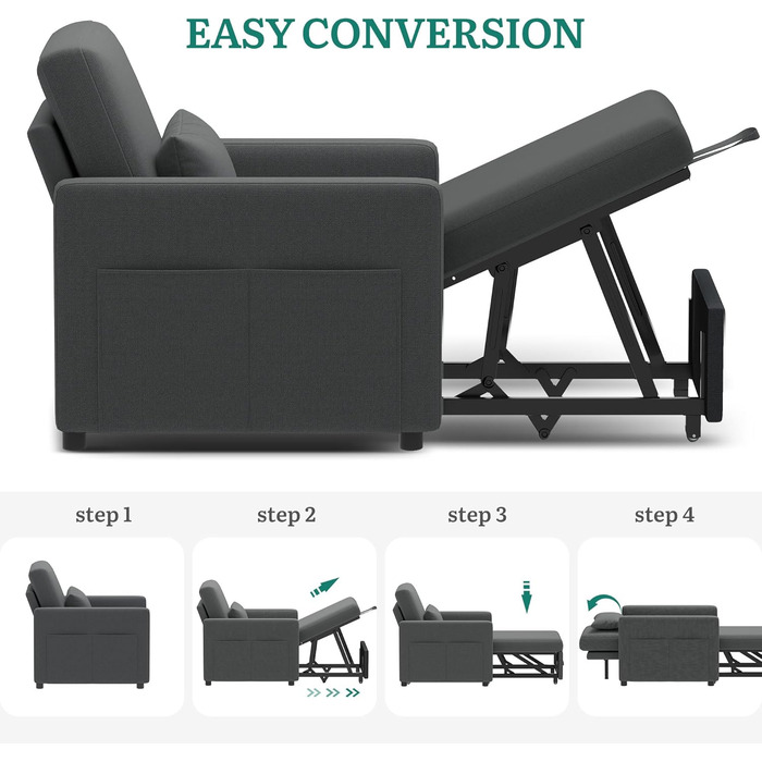 Крісло-ліжко з функцією сну 19288, розкладний диван-ліжко 3-в-1, регульоване одномісне крісло з подушкою та бічною кишенею, диван з функцією сну для вітальні-квартири, темно-сірий