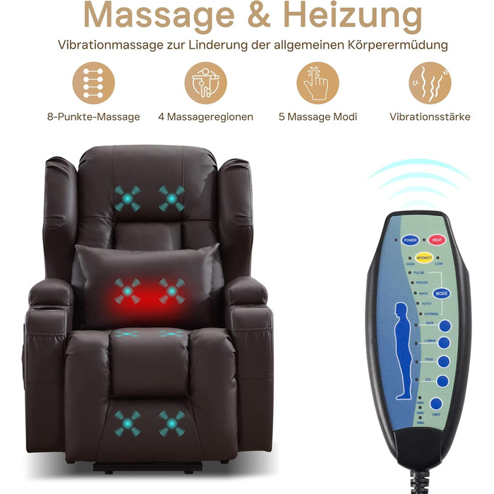 Електрично регульоване крісло для телевізора з функцією відкидання та підйомником, крісло для літніх людей зі штучної шкіри, крісло для телевізора, крісло для кінотеатру з масажем та підігрівом (коричневе, 1 підйомне крісло з консоллю) Коричневе 1 підйомн