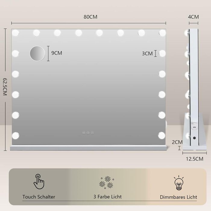 Голлівудське дзеркало для макіяжу з підсвічуванням, косметичне дзеркало з 18 світлодіодами з регулюванням яскравості 3 режими, настільне дзеркало марнославства настінне дзеркало з 10-кратним збільшенням (18 світлодіодів) біле