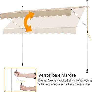 Тент Yaheetech із затискачем, шириною 300 см, для балкону, з ручним приводом, захистом від сонця без свердління, регульованою висотою та каркасом, бежевий, бежевий, 300 см