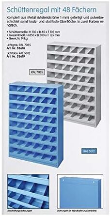 Металевий стелаж з відділеннями для гвинтів та болтів, RAL7035, 53618