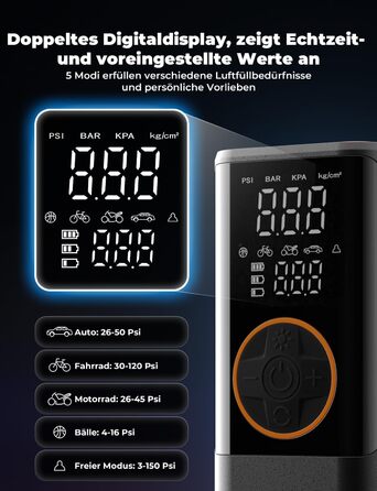 Електричний повітряний насос Oasser з подвійним дисплеєм 6000mAh 150 PSI, акумуляторний компресор з 3M 12V прикурювача для автомобіля, мотоцикла, велосипеда, м&39яча, подорожей, кемпінгу