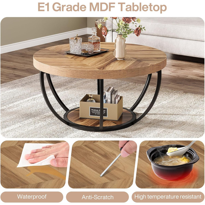 Круглий журнальний столик Tribesigns, промисловий 2-рівневий круглий журнальний столик з полицями для зберігання, сучасний дерев&39яний акцентний центральний столик, диван, бічний столик для вітальні, домашній офіс з деревним рисунком