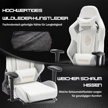 Ігрове крісло, біла шкіра, ігрове крісло з мікрофібри з підставкою для ніг, гоночне ігрове крісло з регульованими підлокітниками, поперекова подушка, підголівник, вантажопідйомність 180 кг, штучна замша - сталеві ніжки, білі