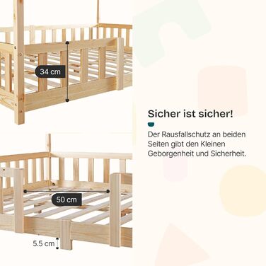 Дитяче ліжко Treviolo 90 x 200 см Дерев&39яне ліжко для дітей із захистом від падіння Каркас ліжка Монтессорі з рейковою основою, сосновий дерев&39яний, колір натурального дерева, 90 x 200 см