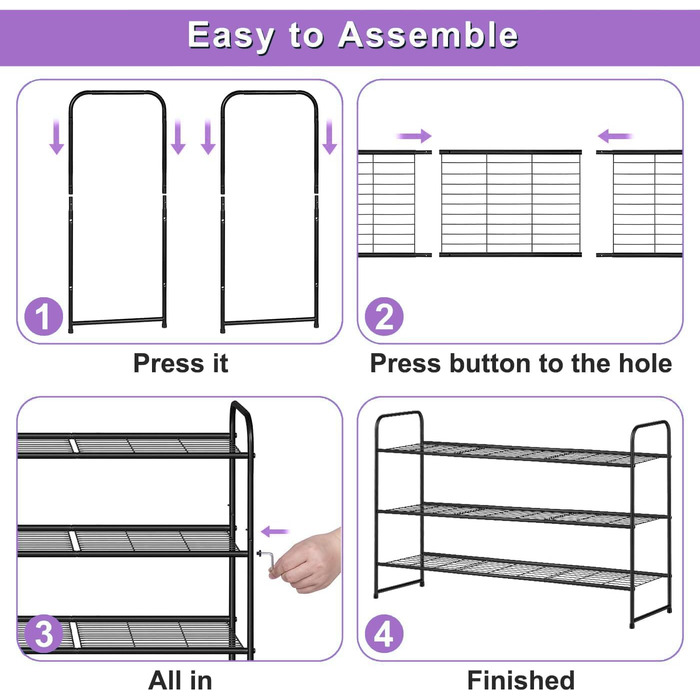 Довга взуттєва полиця з 3 ярусами, вміщує 24 пари, міцна чорна взуттєва полиця для чоловіків та жінок, з дротяною сіткою, металева взуттєва полиця, полиця для шафи, передпокою, спальні, 3 полиці, чорна