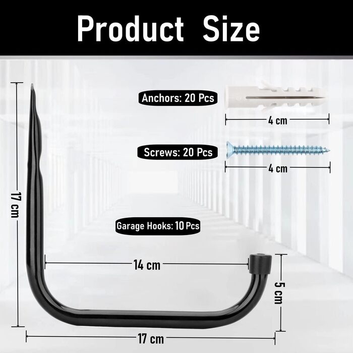 Гачки для зберігання в гаражі PiPaFox, 10 міцних гачків для драбини, настінна вішалка для інструментів 17 см для садового шланга, складного стільця та велосипеда (17 см x 17 см)
