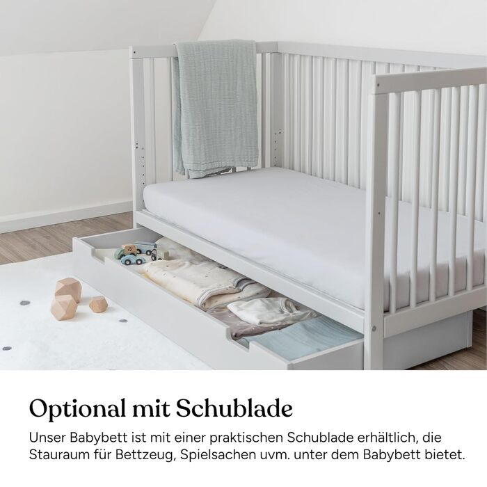 Дитяче ліжко Ehrenkind PUR з матрацом 140x70 з бука Світло-сірий колір Дитяче ліжко з 9-ступінчастим регулюванням висоти зі знімними поручнями Дитяче ліжко 140x70 см Pur матрац світло-сірий колір