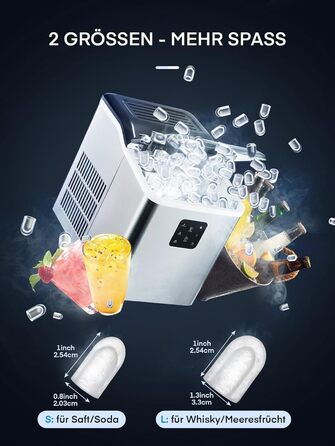 Переможець тесту машини для кубиків льоду 14 кг Льодогенератор Самоочисний льодогенератор, 2 розміри кубиків льоду, час виробництва 6 хв, тиха машина для приготування кубиків льоду до 40 дБ, інфрачервоний датчик, нержавіюча сталь, NORTHCLAN