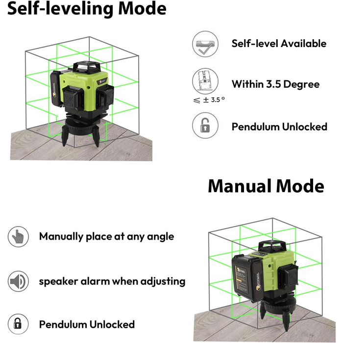 Поперечний лазер, зелений самовирівнюючий лазерний рівень 4x360 градусів, 4D 16 лінійний лазер з акумулятором 2 шт. , магнітний настінний кронштейн, поперечний лазерний будівельний лазер IP54 для внутрішніх і зовнішніх будівельних майданчиків