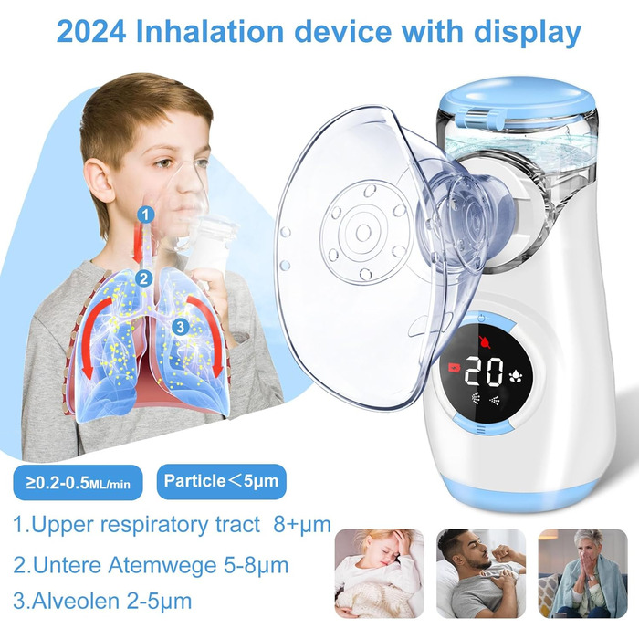 Портативний інгалятор Sentasi для дорослих та дітей, безшумний електричний небулайзер зі світлодіодним цифровим дисплеєм, 2 регульовані схеми розпилення з 2-ма масками та 1 мундштуком (синій)