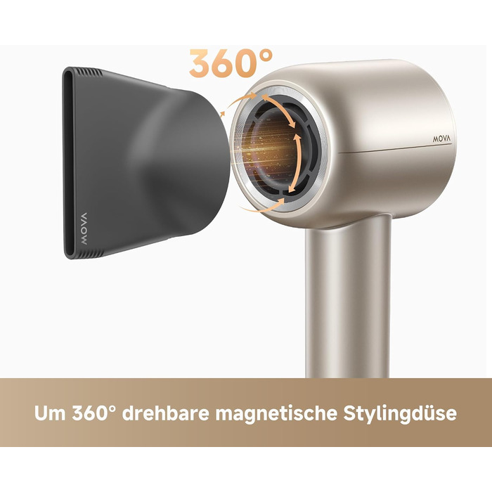 Фен для волосся MOVA Shine 10 швидке сушіння, Moisture Caring Tech, безщітковий двигун 110 000 об/хв, низький рівень шуму, плазмові іони, концентратор, NTC-контроль температури (1000 вимірів/с), для дому, салонів та подорожей, Gold