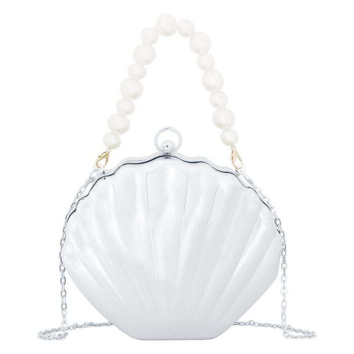 Клатч-розкладачка Морська Раковина з акрилу, з перлинною ручкою-ланцюжком. Вечірня сумочка для весілля, косплею, на плече або через плече, сріблястий.