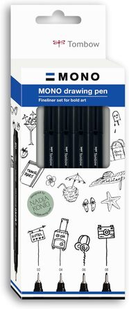 Ручка для малювання Tombow Fineliner MONO, Bold Set, пігментне чорнило, водо- та світлостійкість, для ілюстрації та малювання, чорна, набір з 4 шт. , WS-EFL-H-B-4P