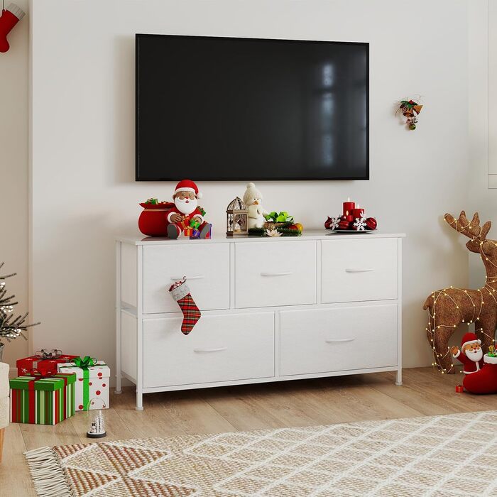 Комод Somdot, Тканинний комод, Комод для спальні, вітальні, коридору, Комод, Шафа для зберігання, 5 тканинних шухляд, Біла шкіра, 30Г x 100Ш x 55В см (5 шухляд)