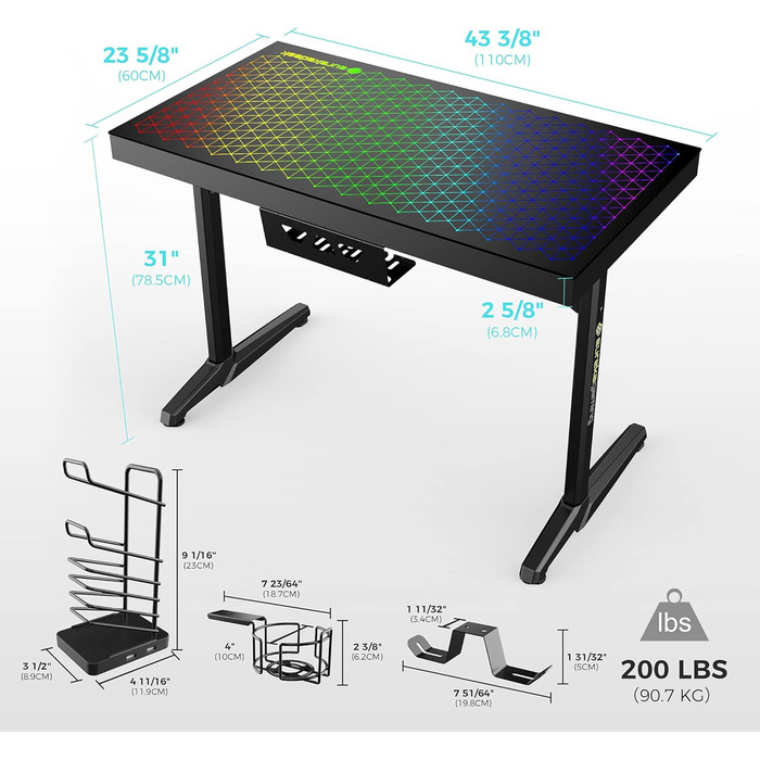 Ігровий стіл EUREKA ERGONOMIC з RGB-підсвічуванням 110 см, скляний ігровий комп&39ютерний стіл з музичним реактивним RGB-світлодіодним підсвічуванням через додаток, 110 x 60 см