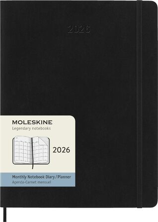 Щомісячний планер Moleskine, щомісячний календар на 2026 рік (12 місяців), м&39яка обкладинка з еластичною застібкою, розмір XL (19 x 25 см), чорний